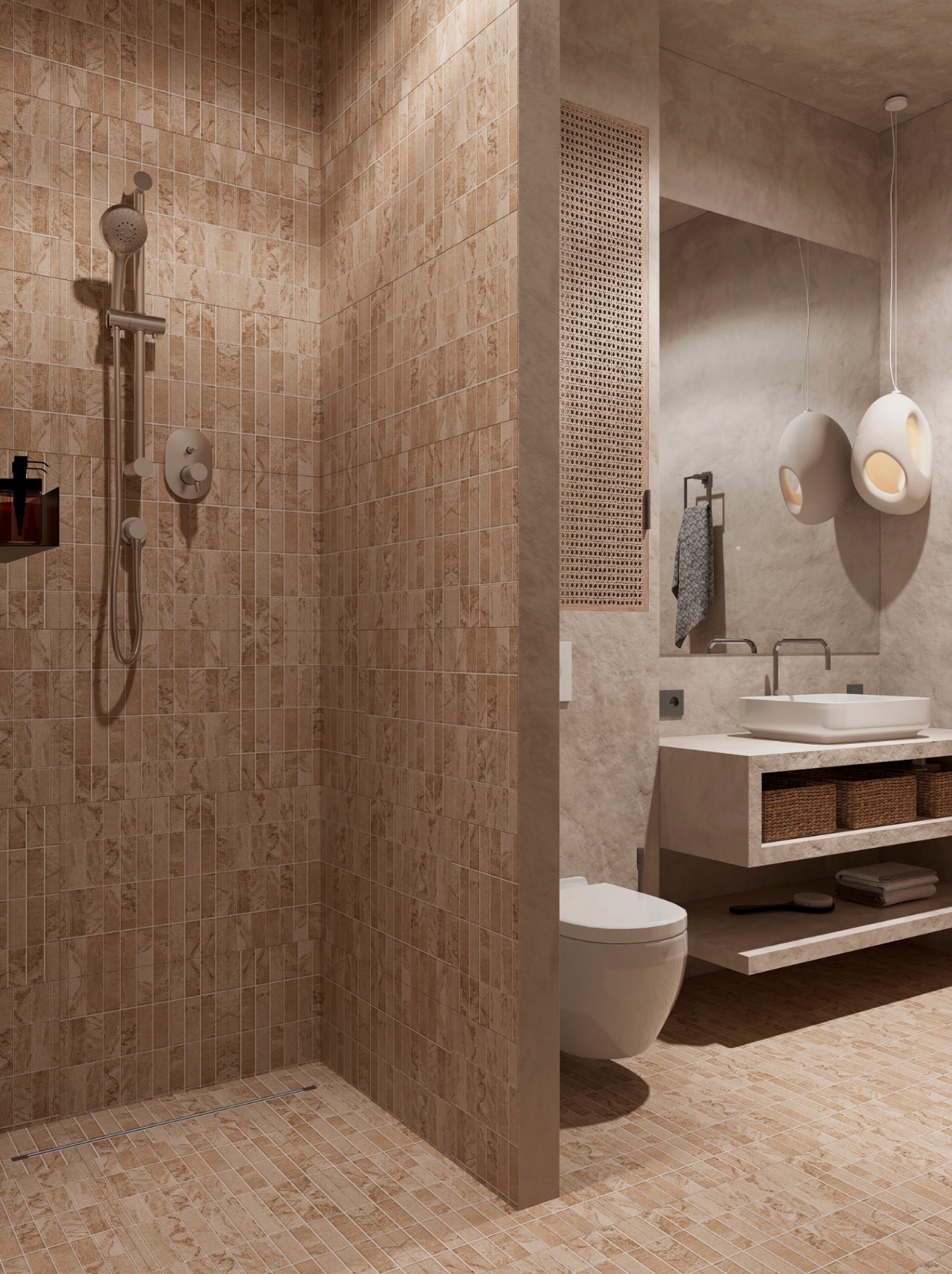 Walk-in shower and stone vanity bathroom