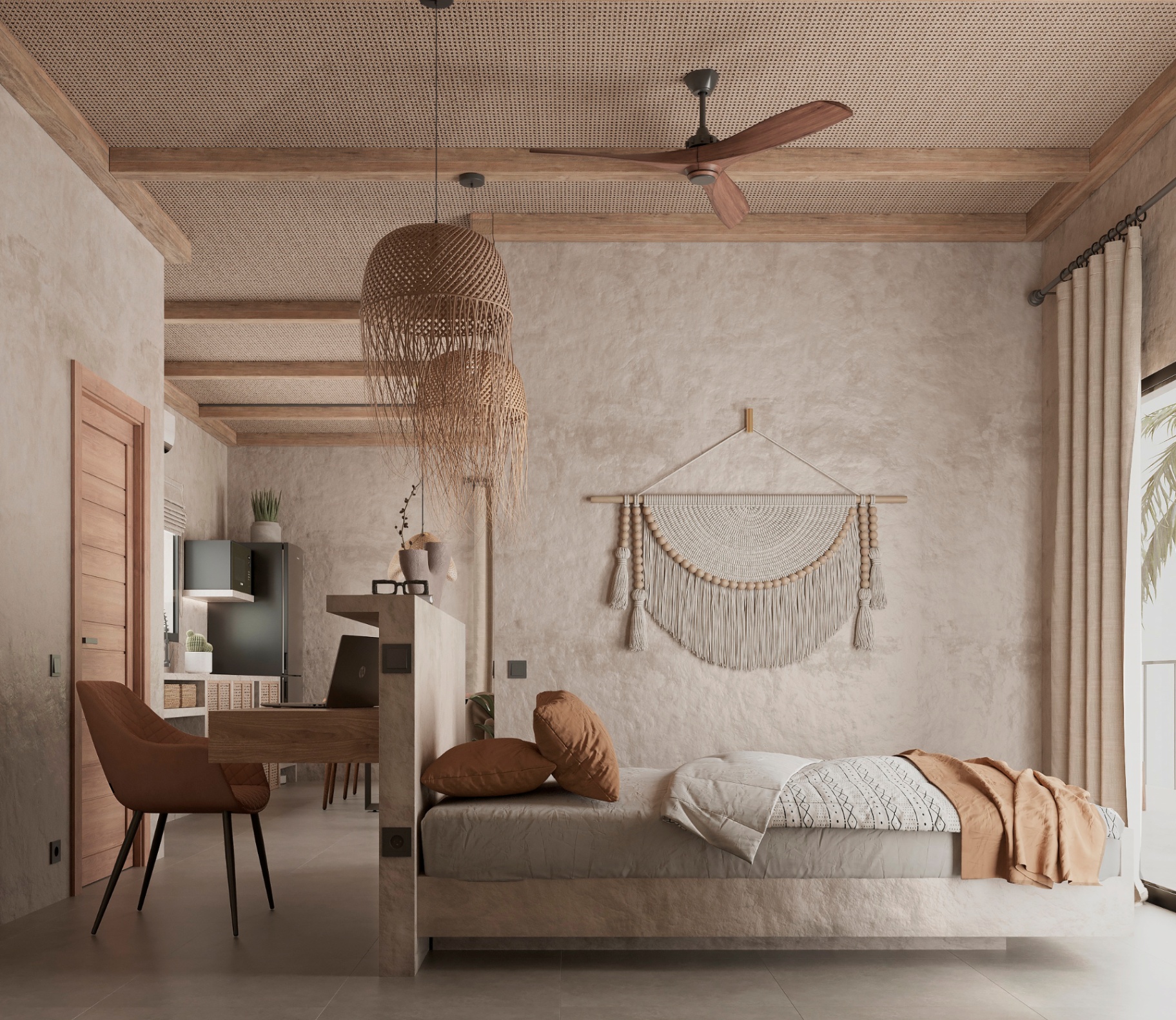 Studio-style bedroom with macramé wall hanging