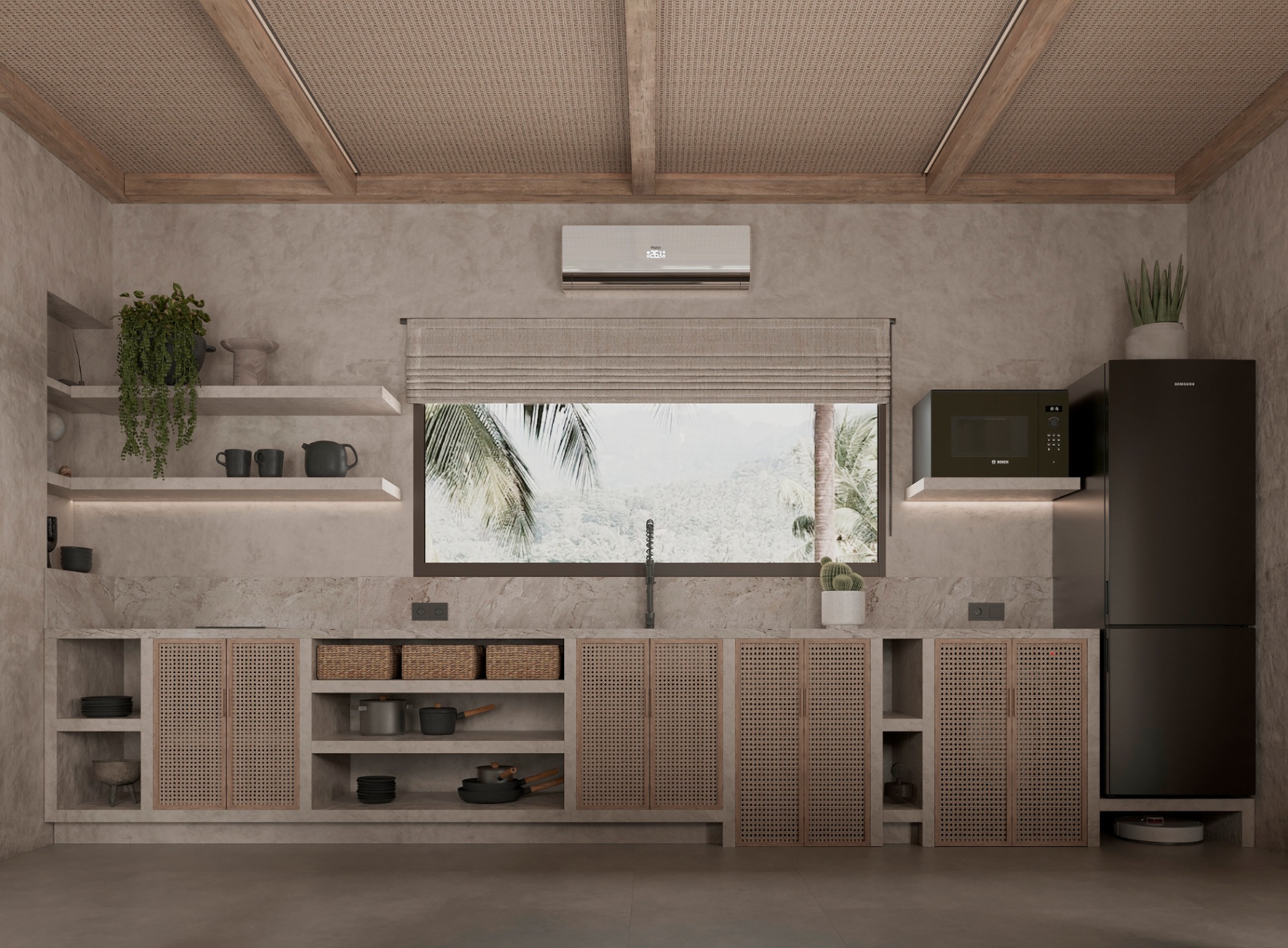Full kitchen with built-in fridge, microwave and rattan cabinetry