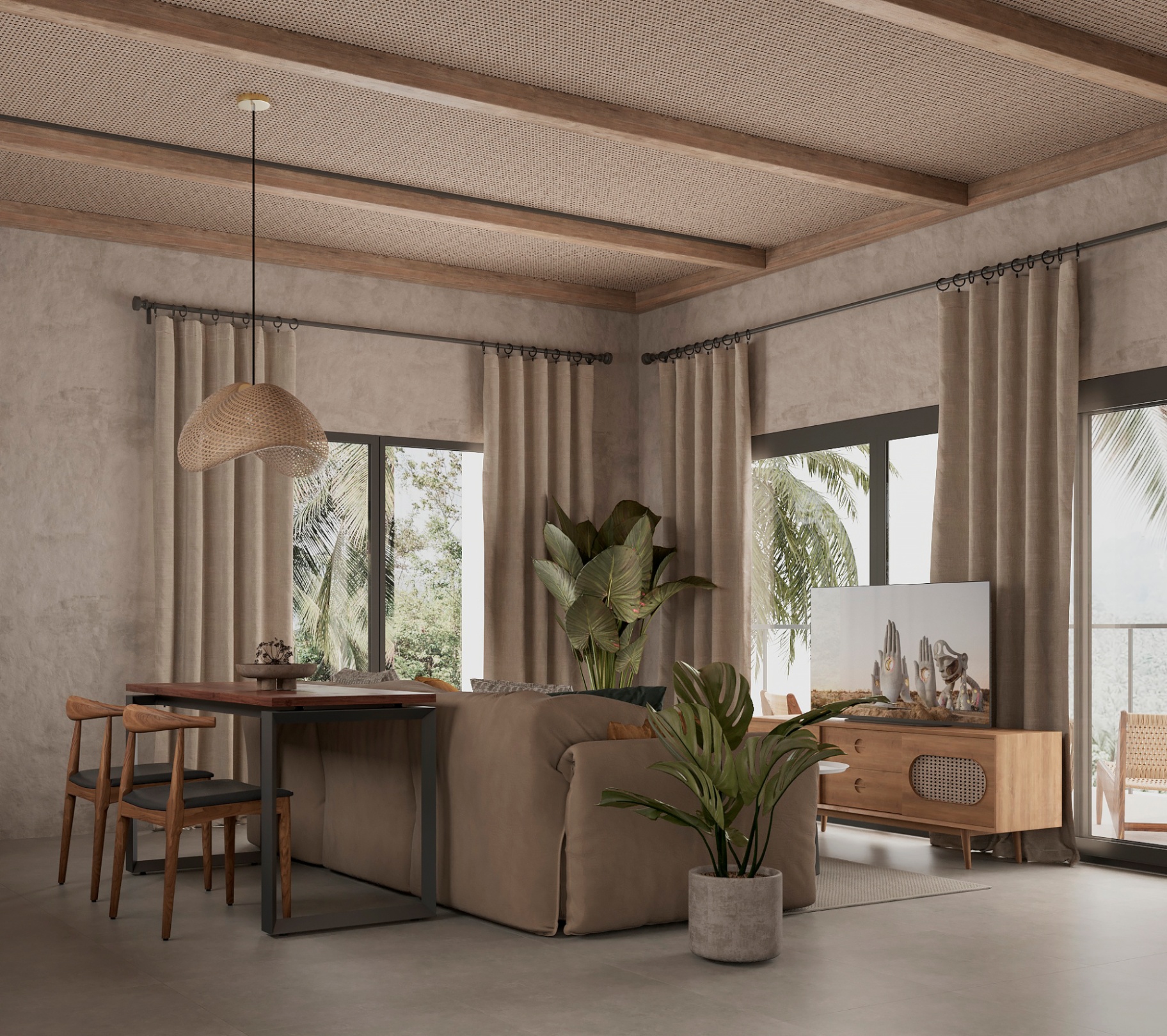 Living and dining area with linen curtains and palm view