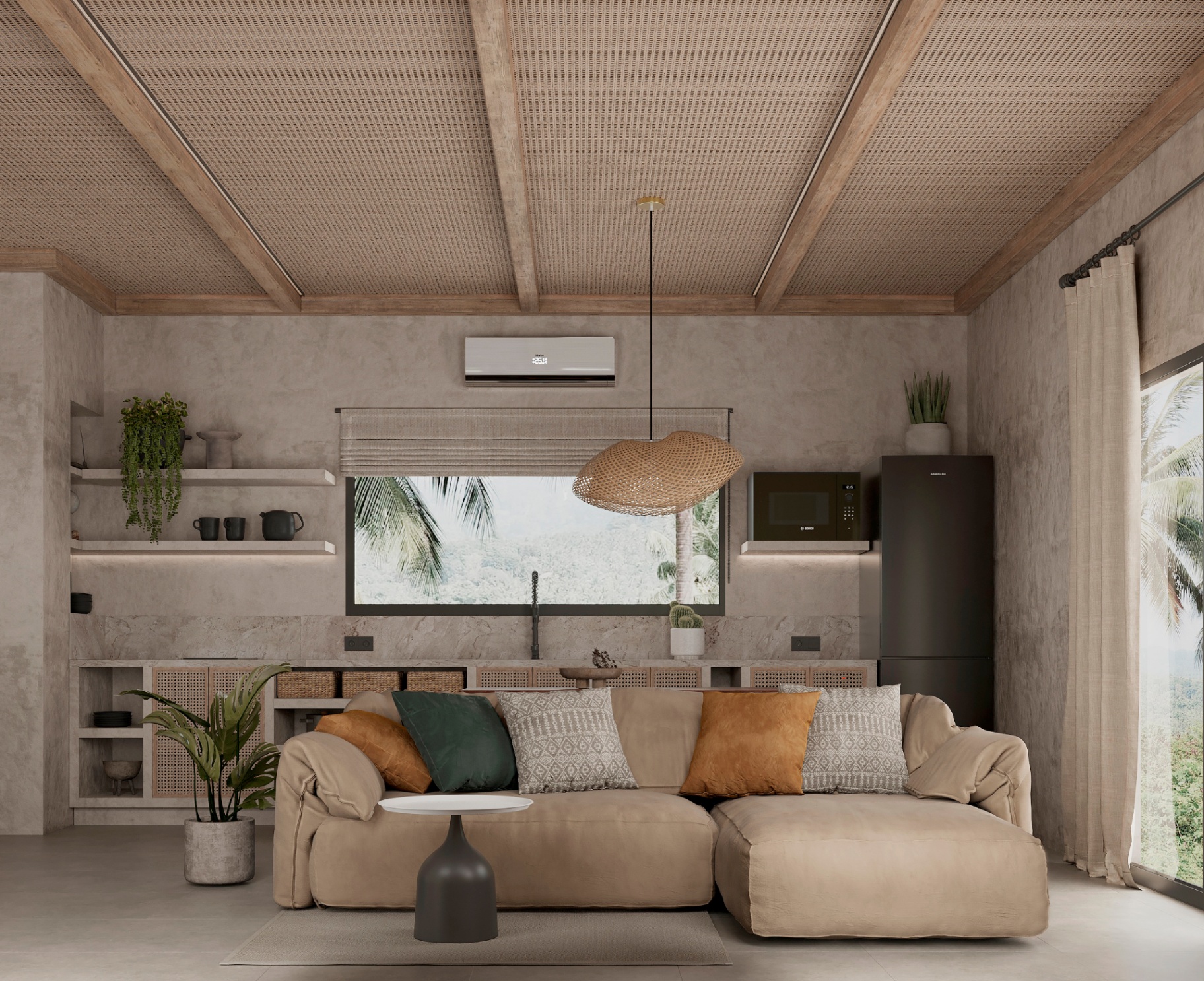Open-plan living room with kitchen and jungle view