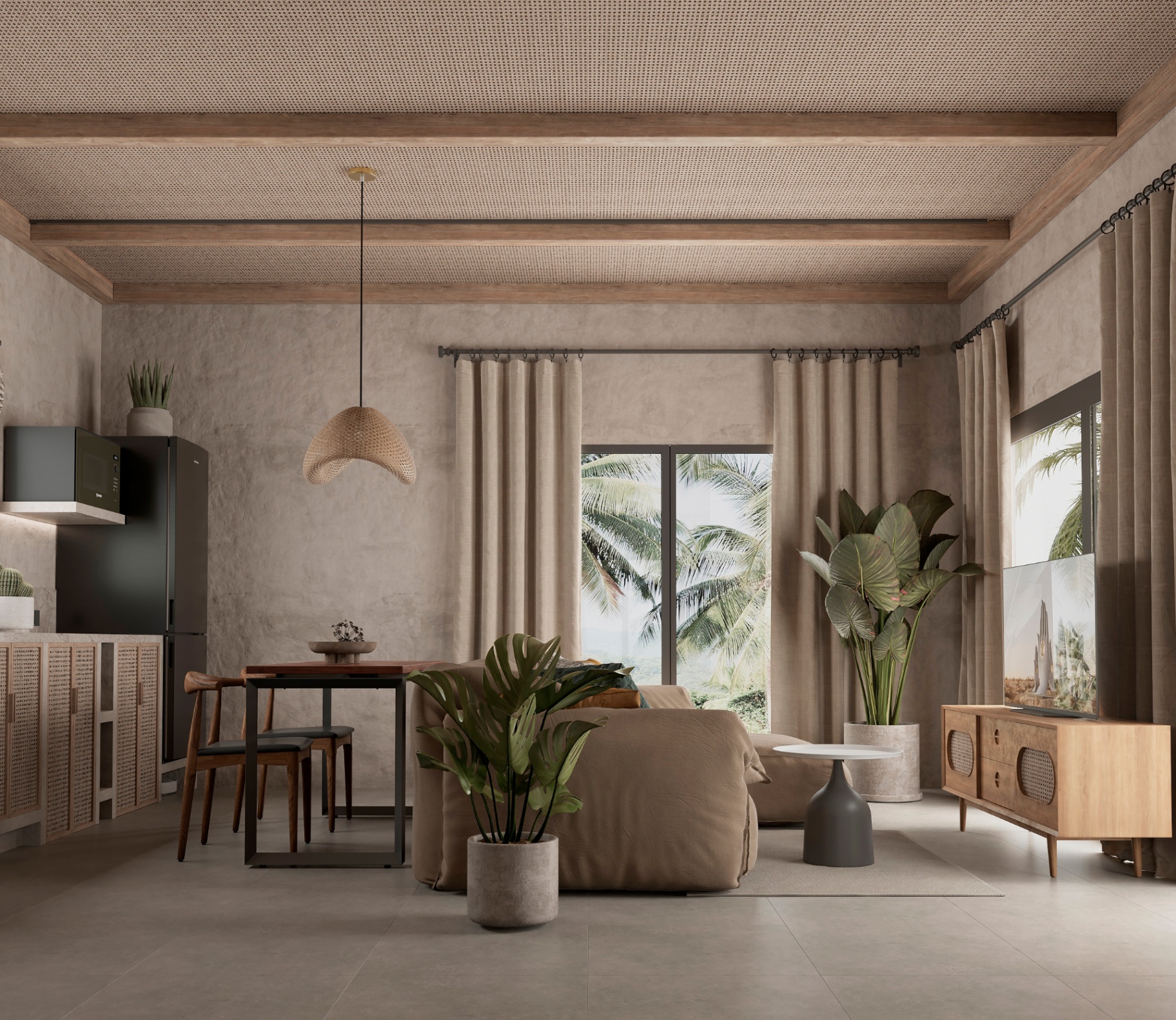 Living room with palm view and natural materials