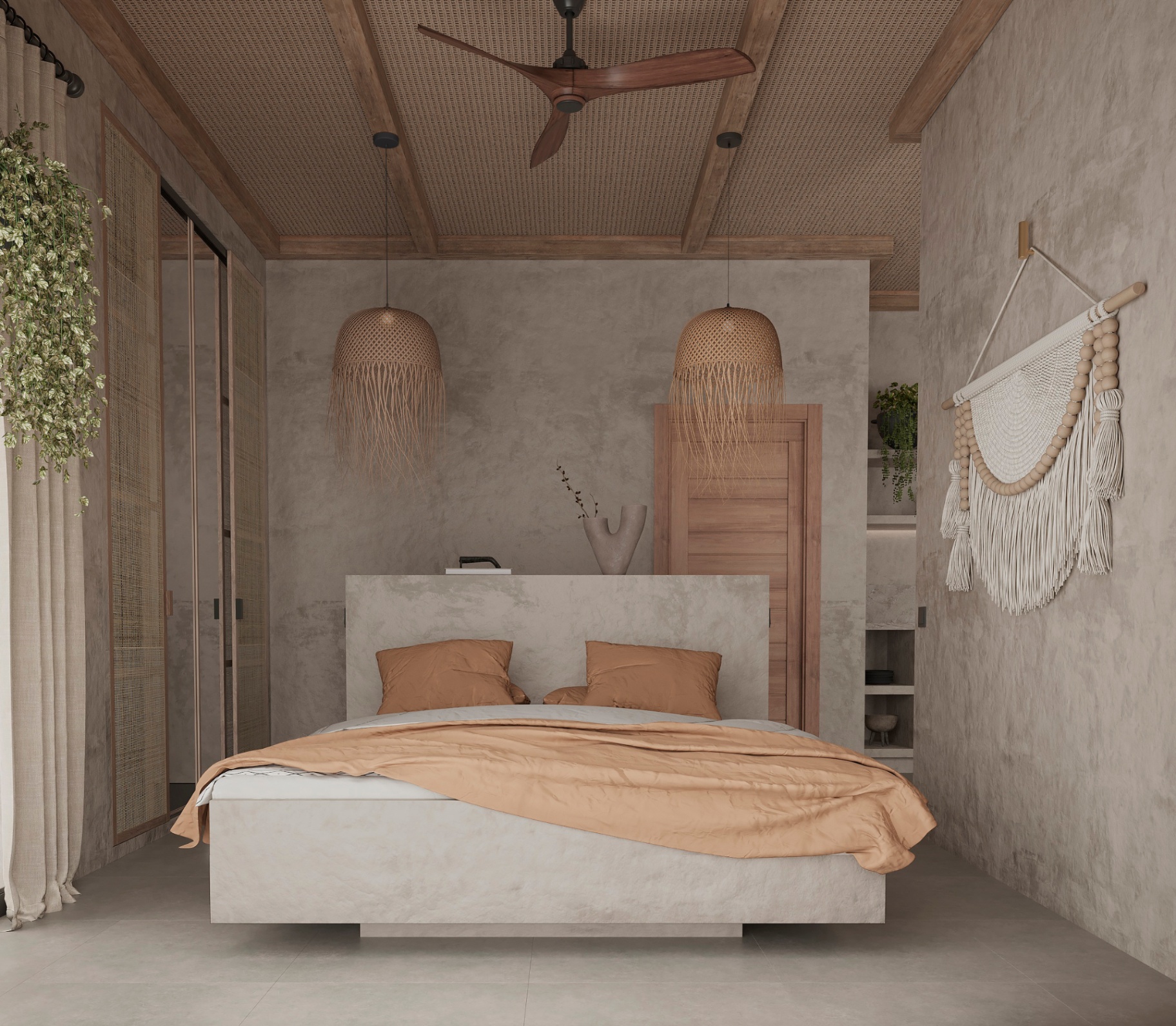 Master bedroom with microcement walls and macramé