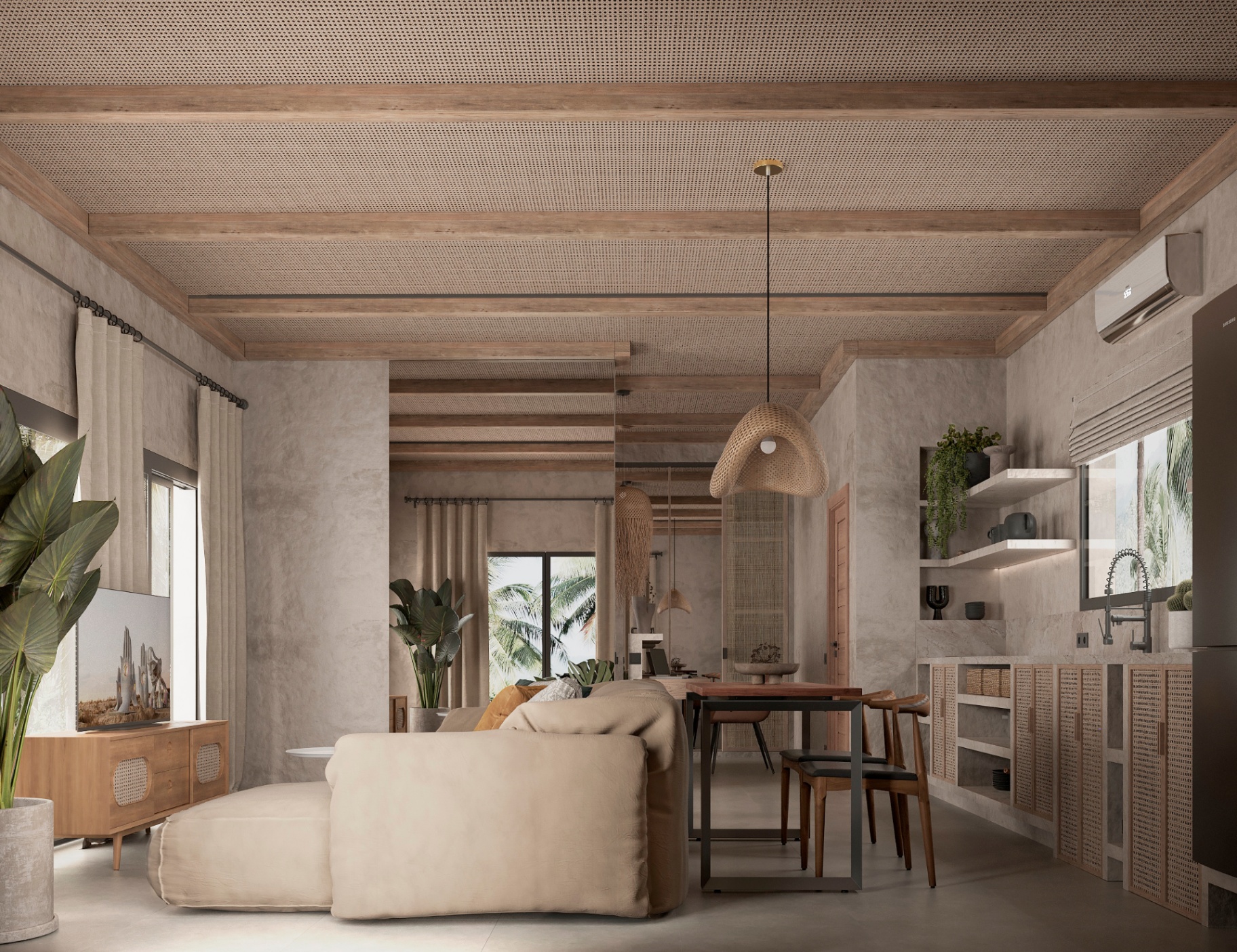 Open-plan living, dining and kitchen with rattan ceiling